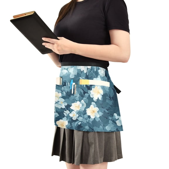 Blue and White Floral Art Server Apron with 3 Pockets Waist Apron for Waiter Waitress