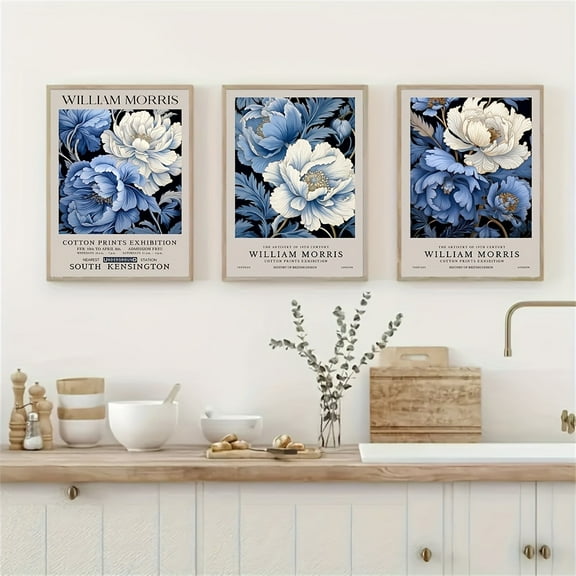 Blue and White Floral Canvas Print 3-Piece Set - Frameless Canvas Painting for Living Room, Bedroom, Office Wall Art Decoration