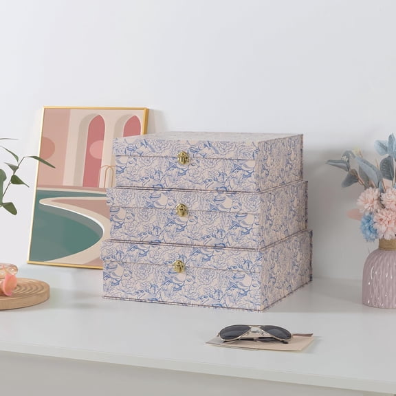 Blue and White Floral Cardboard Decorative Storage Boxes with Gold Hardware - Set of 3, Aviary Garden
