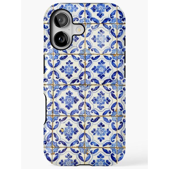 Blue and White Floral Ceramic Tile Tough Case for Apple iPhone, Dual-Layer Polycarbonate and TPU