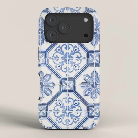 Blue and White Floral Ceramic Tile Tough Case for Apple iPhone, Polycarbonate Shell with TPU Liner