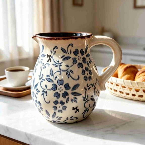 Blue and White Floral Ceramic Vase with Handle, Chinoiserie Decorative Pitcher Vase, Cottage Farmhouse Botanical Accent 18.12"