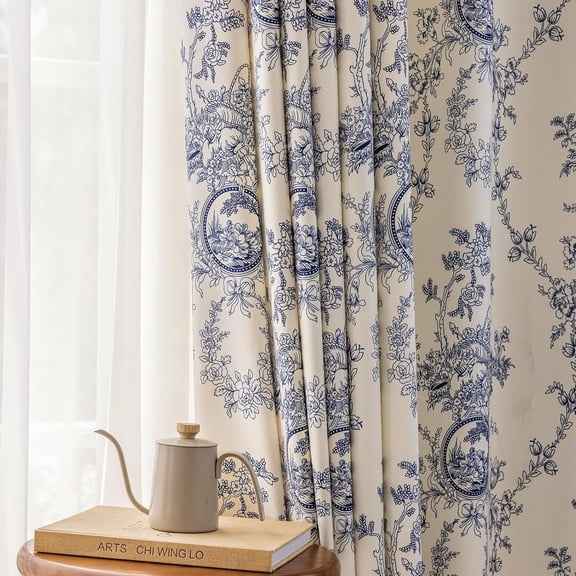 Blue and White Floral Chenille Curtains for Living Room Printed  Flower Light Filtering Window Drapes for Bedroom Dining 2 Panels 84 inches Long