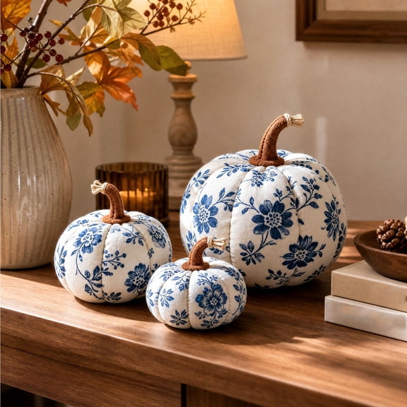 Blue and White Floral Fabric Pumpkins 3PCS 4in Soft Stuffed Artificial Pumpkin, Fall Pumpkin Decor for Thanksgiving Table Centerpiece Farmhouse Decor