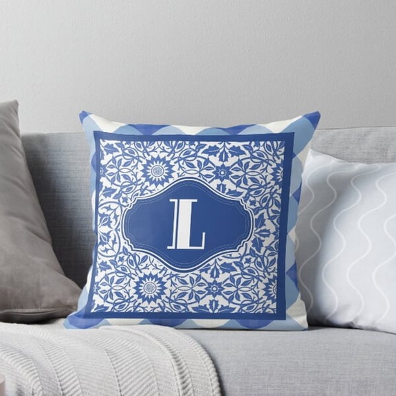 Blue and White Floral L Monogram Square Pillow Case, 100% Polyester Velvet, Botanical Home Accent