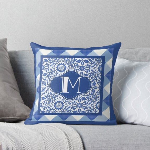 Blue and White Floral Monogram M Square Pillow Case, Geometric Border, 100% Polyester Velvet