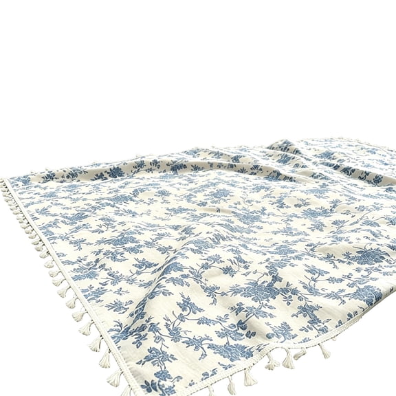 Blue and White Floral Picnic Blanket with Tassels, Waterproof Portable Boho Large Outdoor Picnic Mat for Beach Camping Park Lawn