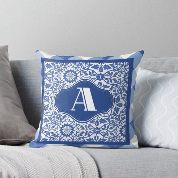 Blue and White Floral Vine Monogram A Square Pillow Case, 100% Polyester Velvet, Ornamental Frame