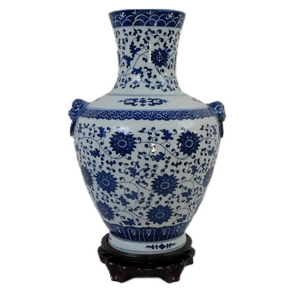 Blue and White Floral Vine Vase with Lion Handles - Oriental Furniture Warehouse