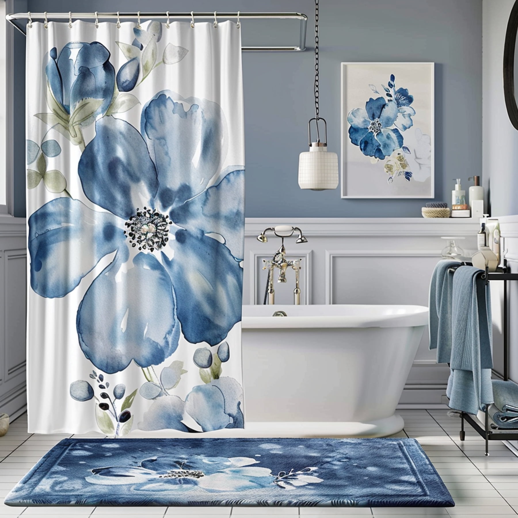 Blue and White Floral Watercolor Shower Curtain with Oversized Flower ...