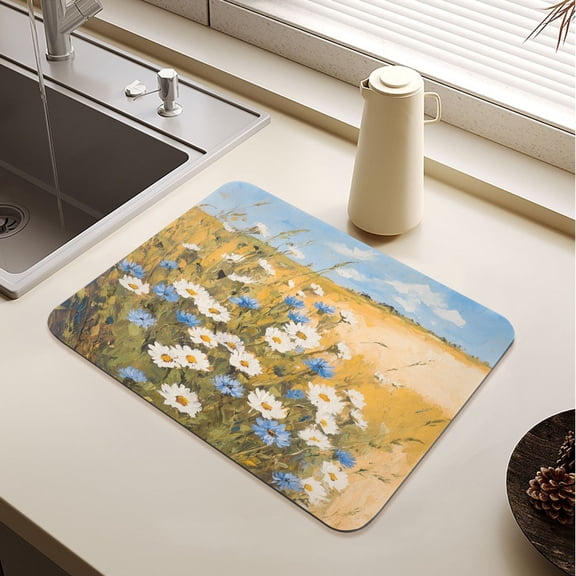Blue and White Flower Drying Mat Diatomaceous Earth Super Absorbent Non-slip Rubber Sole Heat Resistant 230 Degrees Fahrenheit 15.711.8in