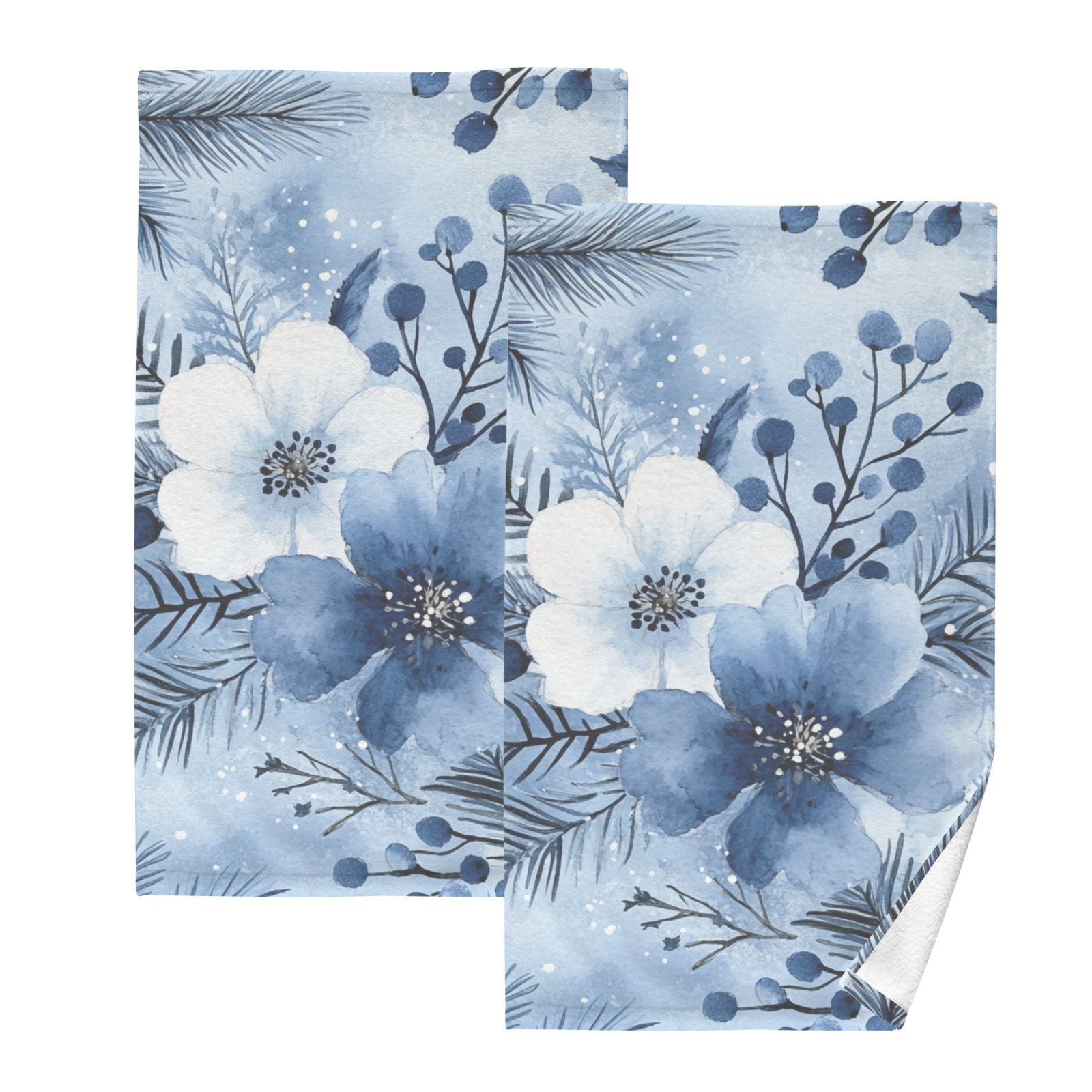 Blue and White Flowers Hand Towels Cotton Bath Towels Large Face Towels Absorbent for Bathroom 2 Packs