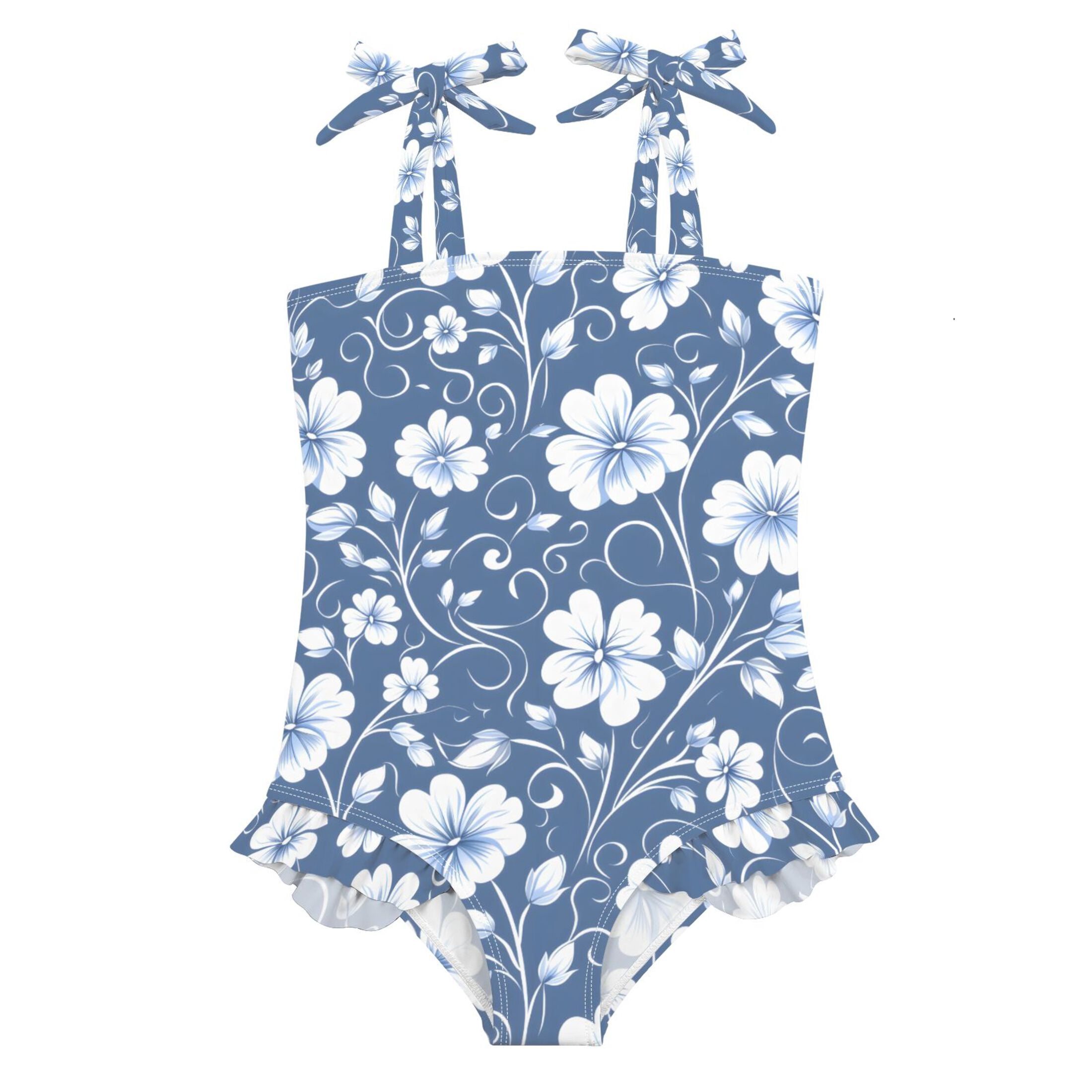 Blue and White Flowers Pattern Girls' One-Piece Swimsuit Bowknot Tie ...