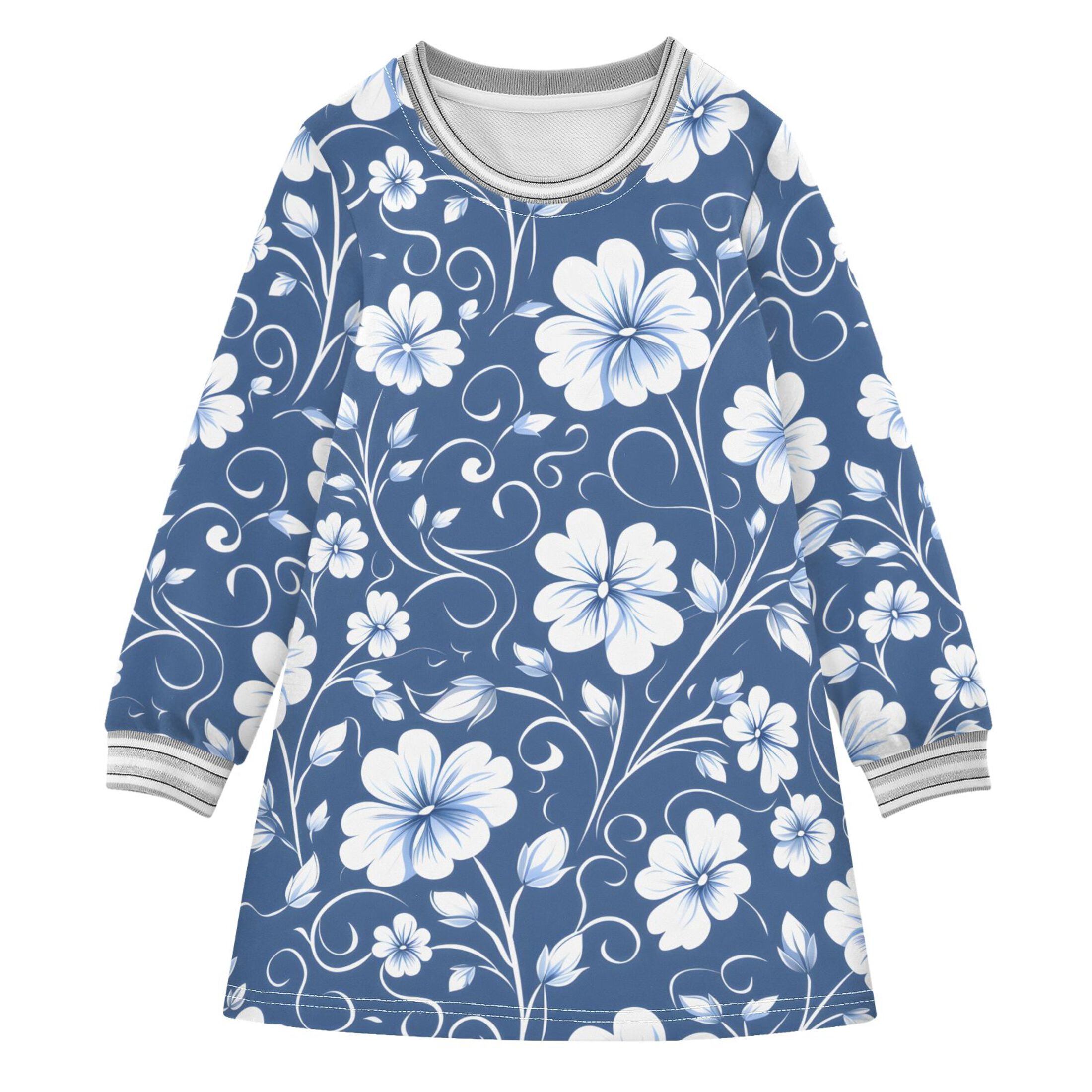 Blue and White Flowers Pattern Girls'long-sleeved dress Thickened A ...