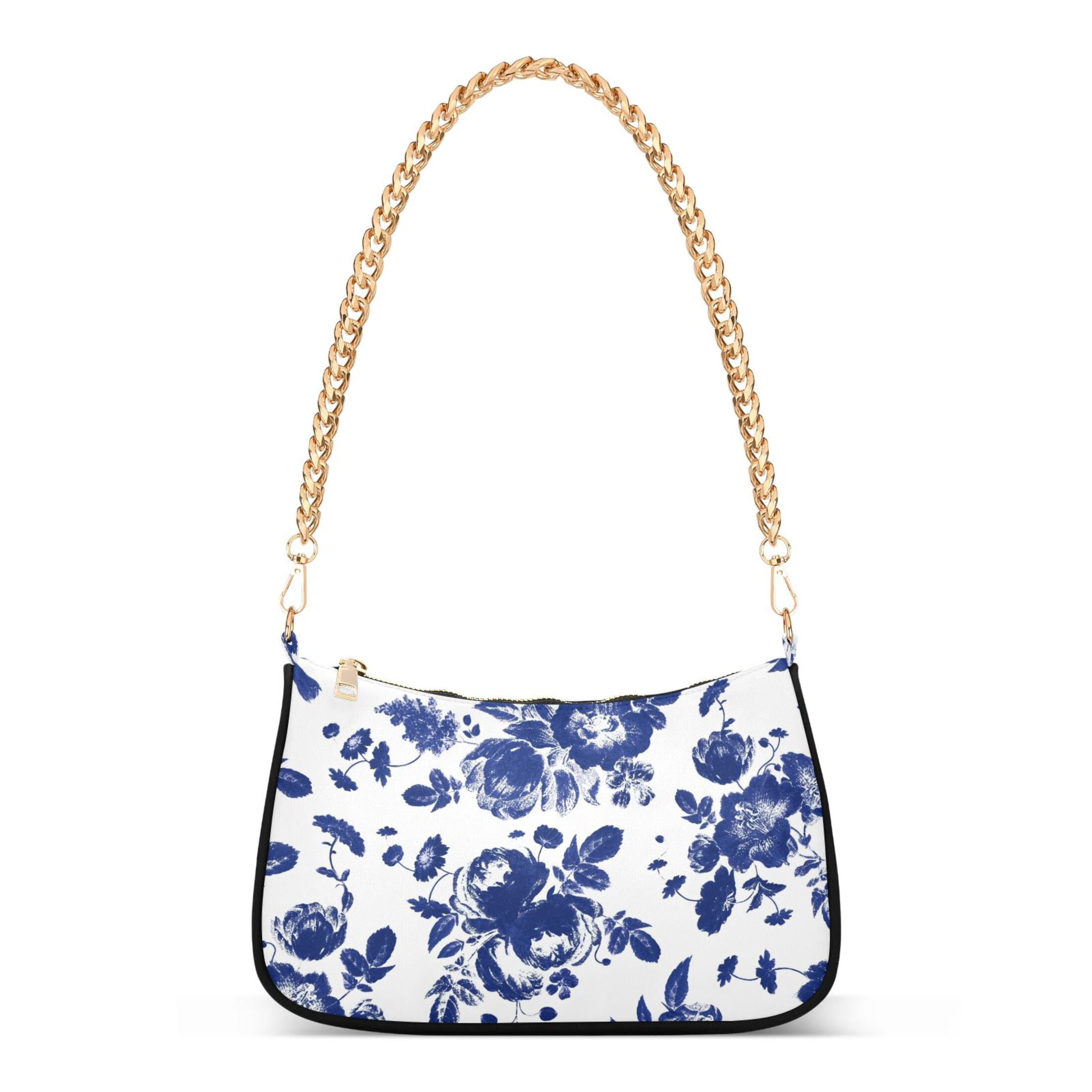 Blue and White Flowers Womens Chain Shoulder Bag Tote Handbag Clutch Hobo Purse with Zipper for Travel Casual