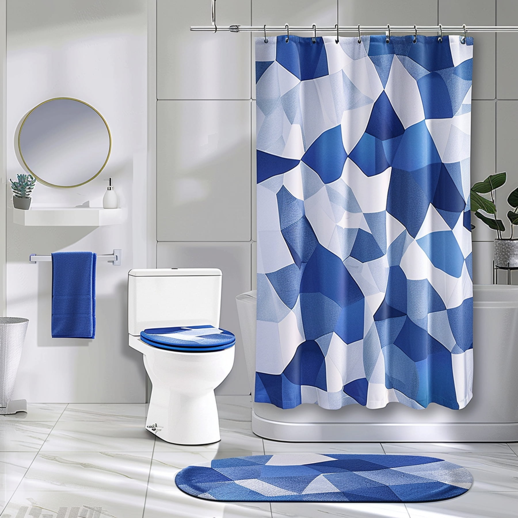 Blue and White Geometric Shower Curtain Set Photography Ultra Clear