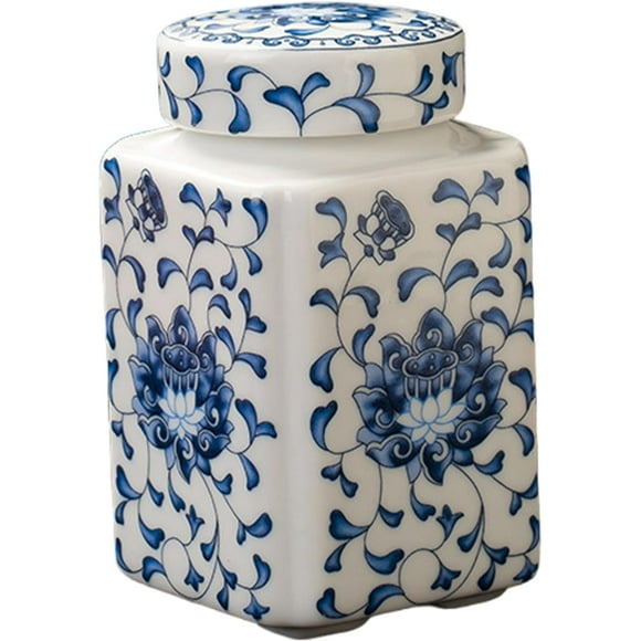 Blue and White Ginger Jars, 200ml Ceramic Square Chinoiserie Vase with Leakproof Lid, for Home Decor, Flower Display & Tea Storage
