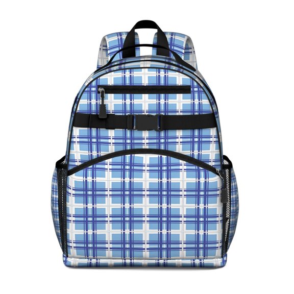 Blue and White Grid Pattern Backpack for School,Cute School Bag,Schoolbag with Adjustable Shoulder Straps & Padded Back,15.25"x11.5"x5.25"