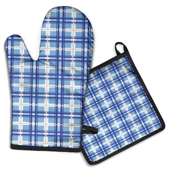 Blue and White Grid Pattern Kitchen Oven Mitt and Pot Holder Sets 2 Pcs for Baking, Cooking and Grilling, Heat Resistant Up To 392 °F