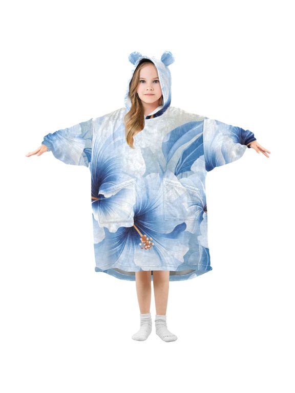 Blue and White Hawaiian Style Floral Flannel Wearable Blankets Hooded Design Long Sleeves Wrap Unisex for 3T-14Y S