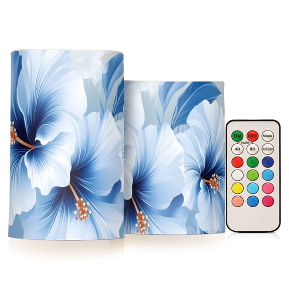 Blue and White Hawaiian Style Floral Flickering Flameless Candles LED Tealight Battery Operated with Remote Set of 2 Holiday Decor Ornaments