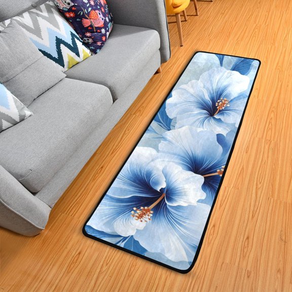 Blue and White Hawaiian Style Floral Long Floor Mat Runner Rug Area Mat Noise Reduction Water Absorbent Non-Slip 72" x 24"