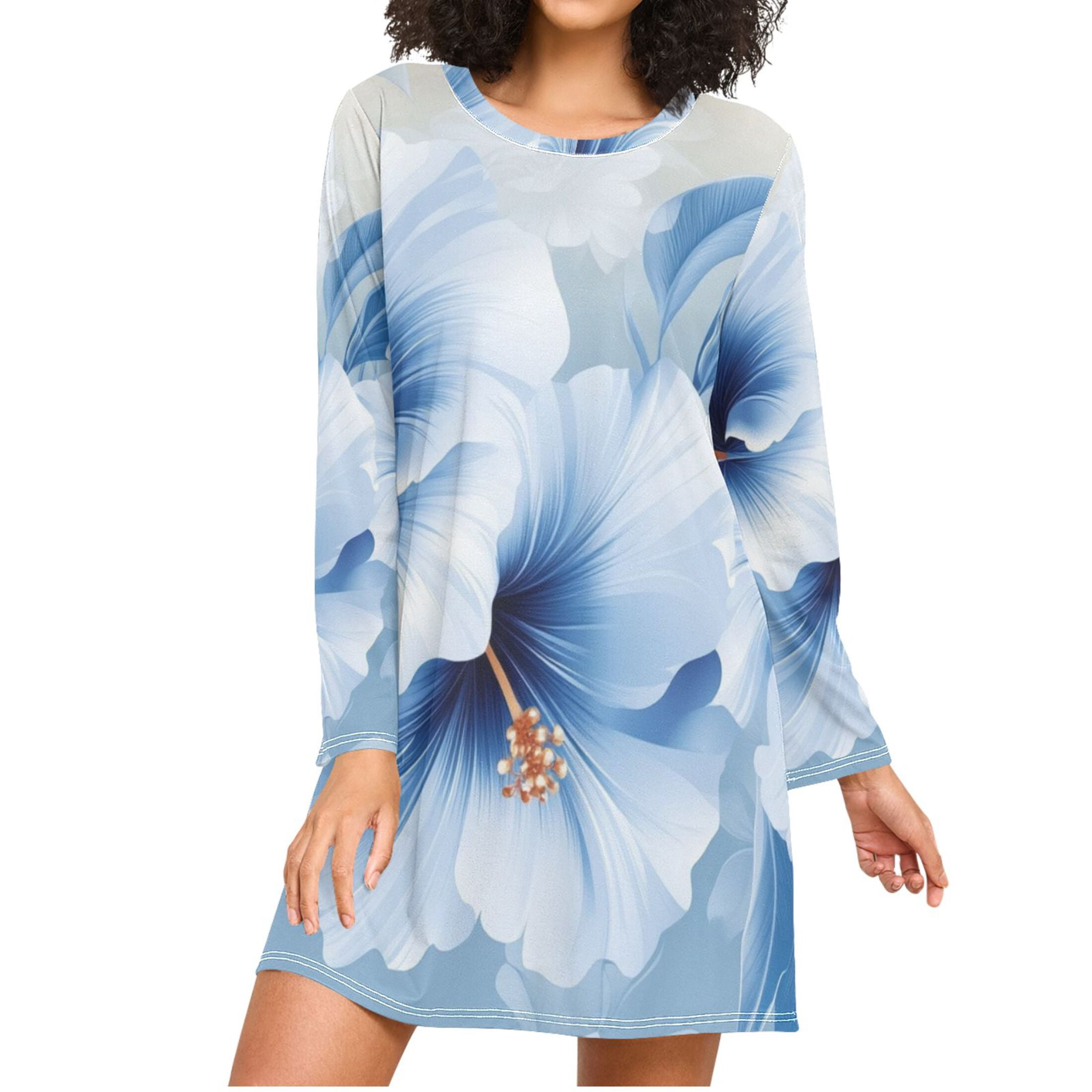 Blue and White Hawaiian Style Floral Women's Long Sleeves Nightgowns Sleepwear Soft Pajama A-line Sleep Dress M