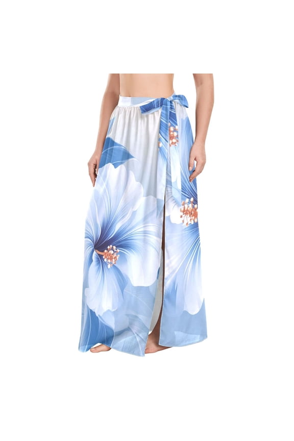 Blue and White Hawaiian Style Floral Women's Swimwear Cover Ups Strappy Beach Dress Sarong Wrap L