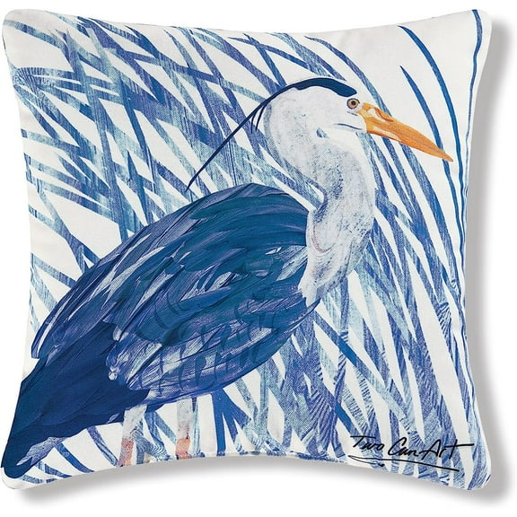 Blue and White Heron Coastal Tropical Beach Sea Life Printed Premium Indoor/Outdoor Pillow Patio Decor Decoration Accent Throw Pillow 18" x 18" Blue