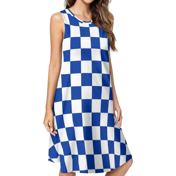 Blue and White Kentucky Checkerboard Spring Summer Dresses for Women Fashion T-shirt Dress Casual Sleeveless Loose Sundress with Pockets