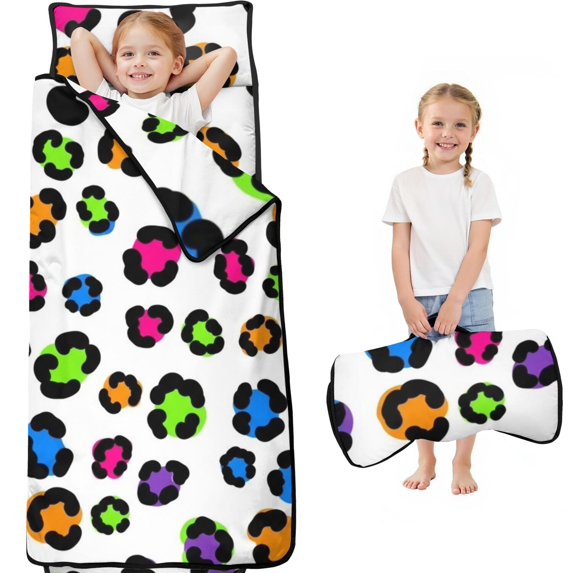 Blue and White Leopard Print Teens Toddler Nap Mat with Pillow, Sleeping Mat Bag for Preschool Daycare 60"x20"
