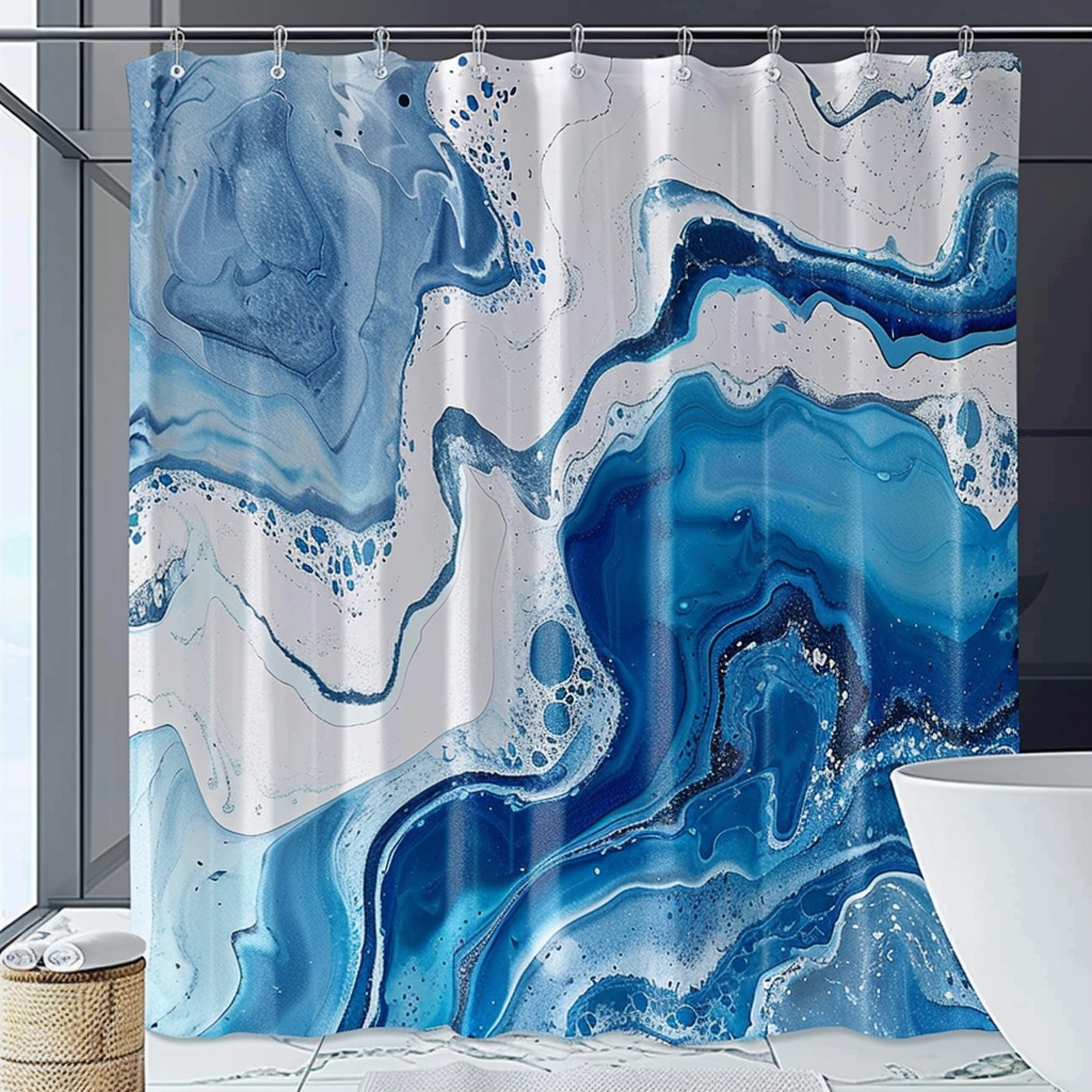 Blue and White Marble Style Abstract Waves Watercolor Art Shower