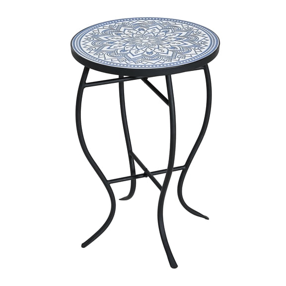 Blue and White Mosaic Outdoor Round Side Table with Ceramic Tile Top and Curved Iron Legs, Matte Black, for Patio and Garden