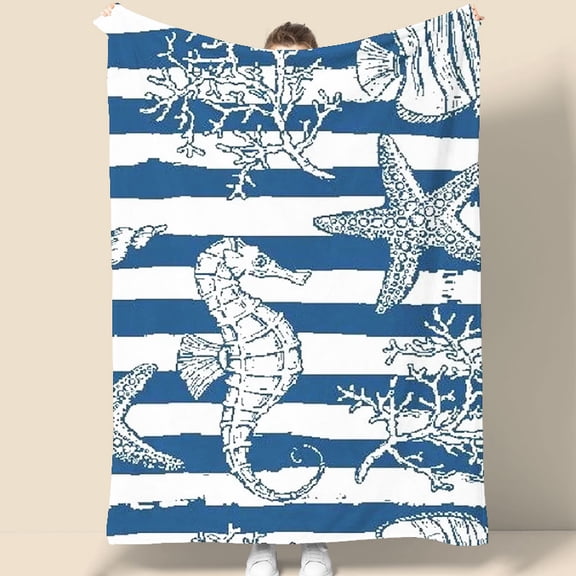 Blue and White Nautical Tapestry 70.07 x 90.55 Inches with Seahorse Starfish Anchor Design for Wall Decoration