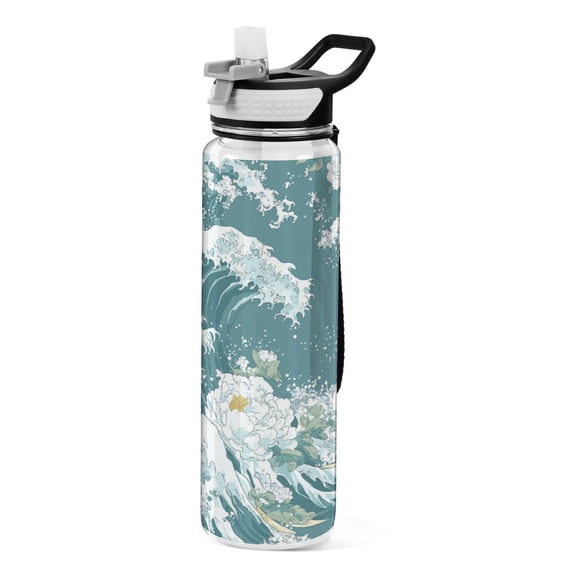 Blue and White Ocean Wave 1000ml Tritan Sport Bottle Straw LeakProof Food-Grade Portable Wide Handle