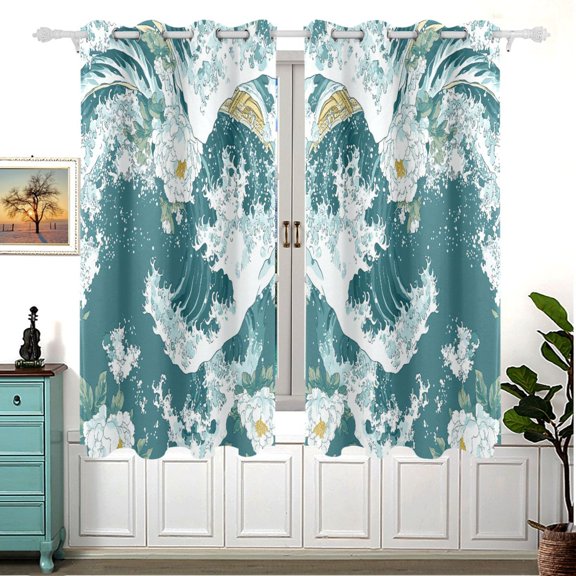 Blue and White Ocean Wave 63x55in Window Curtain Panels 63x55in 2-Piece Heavy Duty 80% Light Blocking