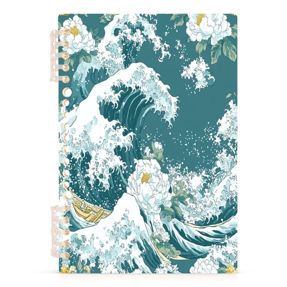 Blue and White Ocean Wave A5 8.3x5.7in PP Notebook, Adjustable Rings, 60 Sheets, Diary or Journey Note
