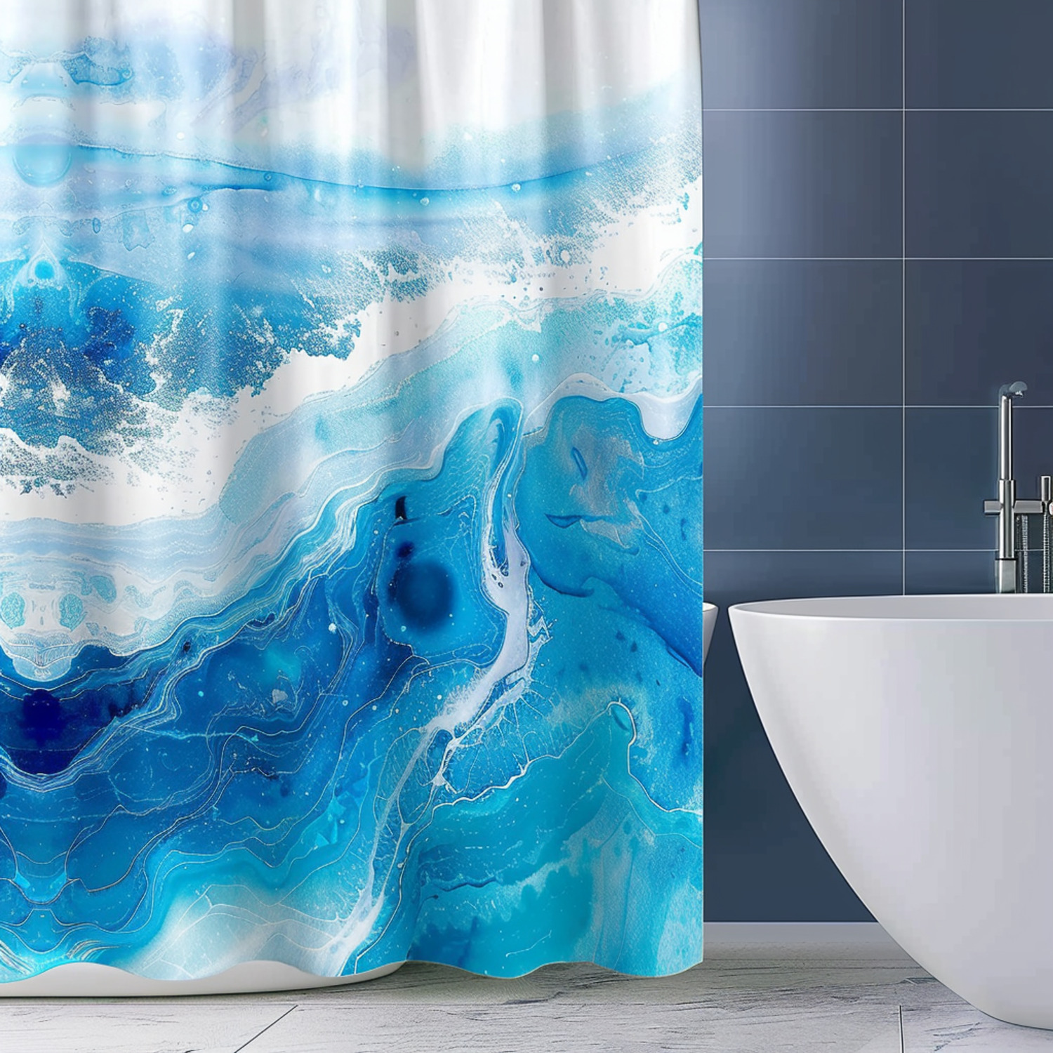 Blue and White Ocean Wave Shower Curtain with Marble Texture Print