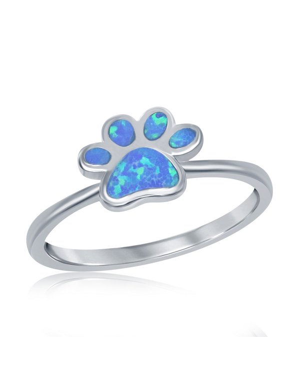 Blue and White Opal Paw Print Design Ring