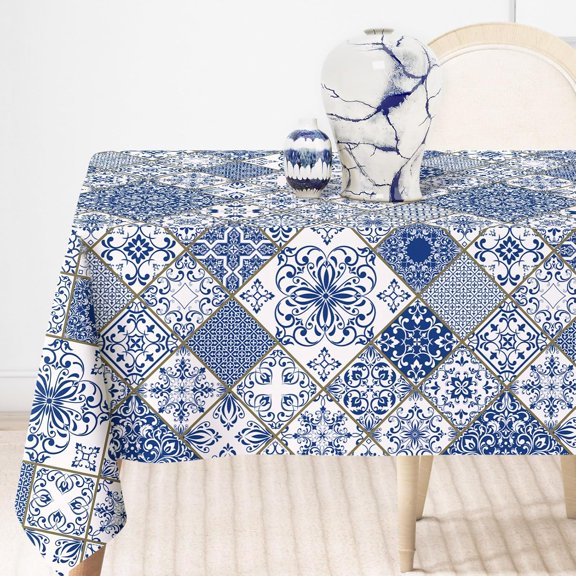 Blue and White Patchwork Tile Tablecloth 60 x 102 Inch Rectangle Modern Table Cover for Home Kitchen Dining Table Decoration Supplies