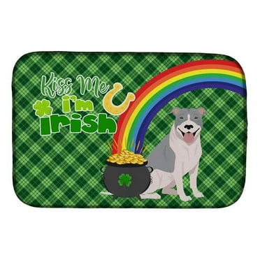 Blue and White Pit Bull Terrier St. Patricks Day Dish Drying Mat