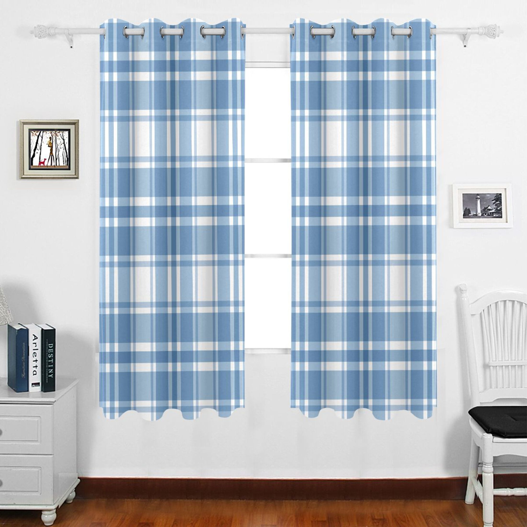 Blue and White Plaid Grid Grommet Blackout Curtains Thermal Insulated