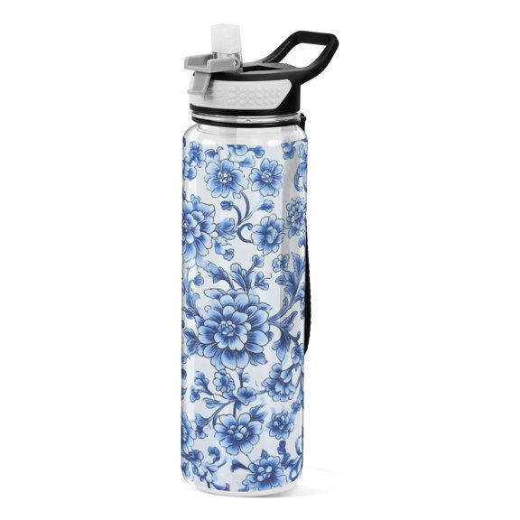 Blue and White Porcelain 1000ml Tritan Sport Bottle Straw LeakProof Food-Grade Portable Wide Handle
