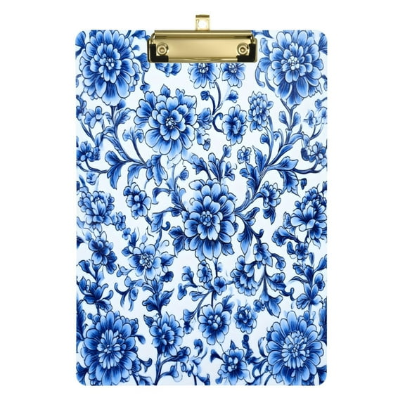 Blue and White Porcelain 12.5x9in Clipboard, Durable Acrylic with Metal Clip and Wall Hook for Office or Classroom