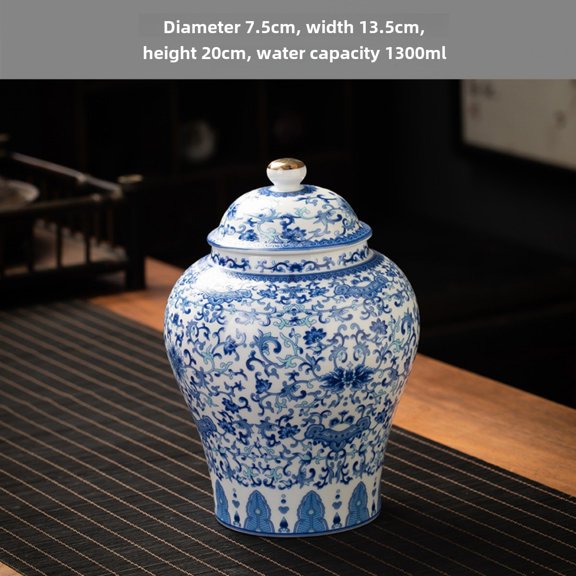 Blue and White Porcelain Ceramic Large Retro Tea Can Empty Can Sealed Jar White Tea Can Household Living Room Ornament Tea Can