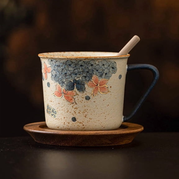 Blue and White Porcelain Coffee Cup 200ml Gold Hydrangeas Fire-Stone Red Accents Ceramic Latte Art Mug Tea Cup