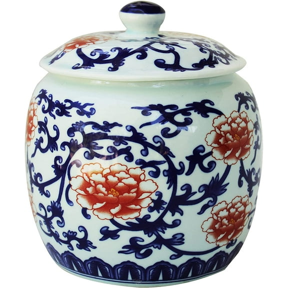 Blue and White Porcelain Decorative Cylindrical Temple Vase or Jar (Red and Blue)