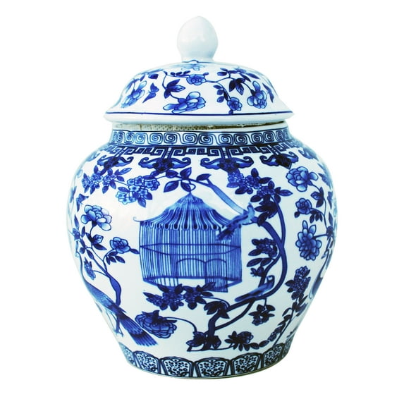 Blue and White Porcelain Decorative Temple Helmet Jar . Peacock with cage