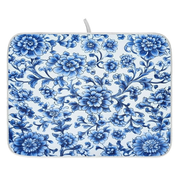 Blue and White Porcelain Dish Drying Mat for Kitchen, Quick Drying Absorbent Soft Durable 16" x 18"