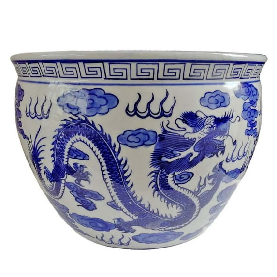 Blue and White Porcelain Fishbowl with Dragon Design (12" W x 9" H - Inside Rim 9.25 , Base 8.5) - Oriental Furniture Warehouse